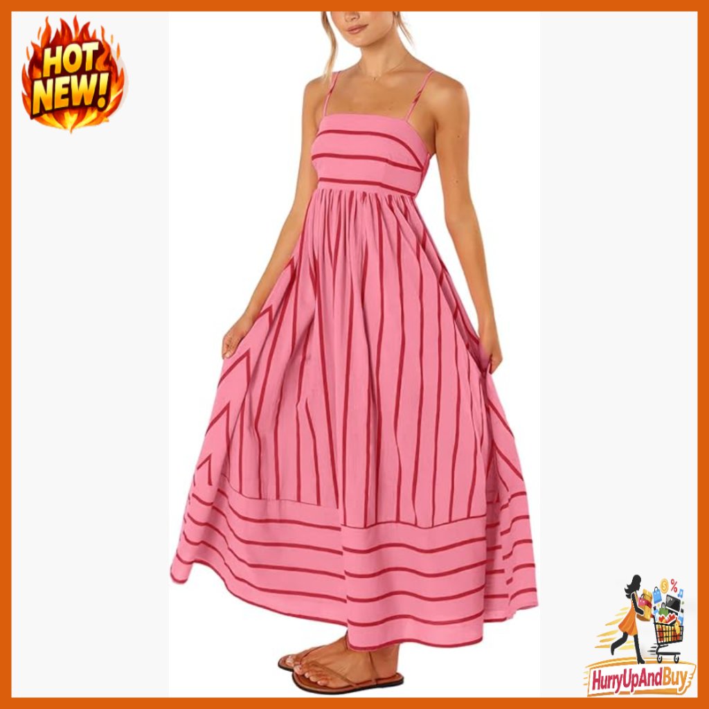 Striped Maxi Dress Smocked Back Cut Out Spaghetti Strap Swing A-Line Elegant